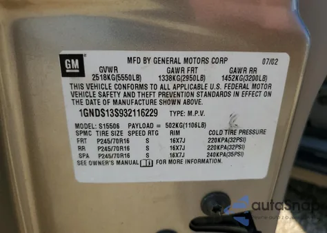 2003 Chevrolet Trailblazer z USA, uszkodzony, nr VIN 1GNDS13S932116229